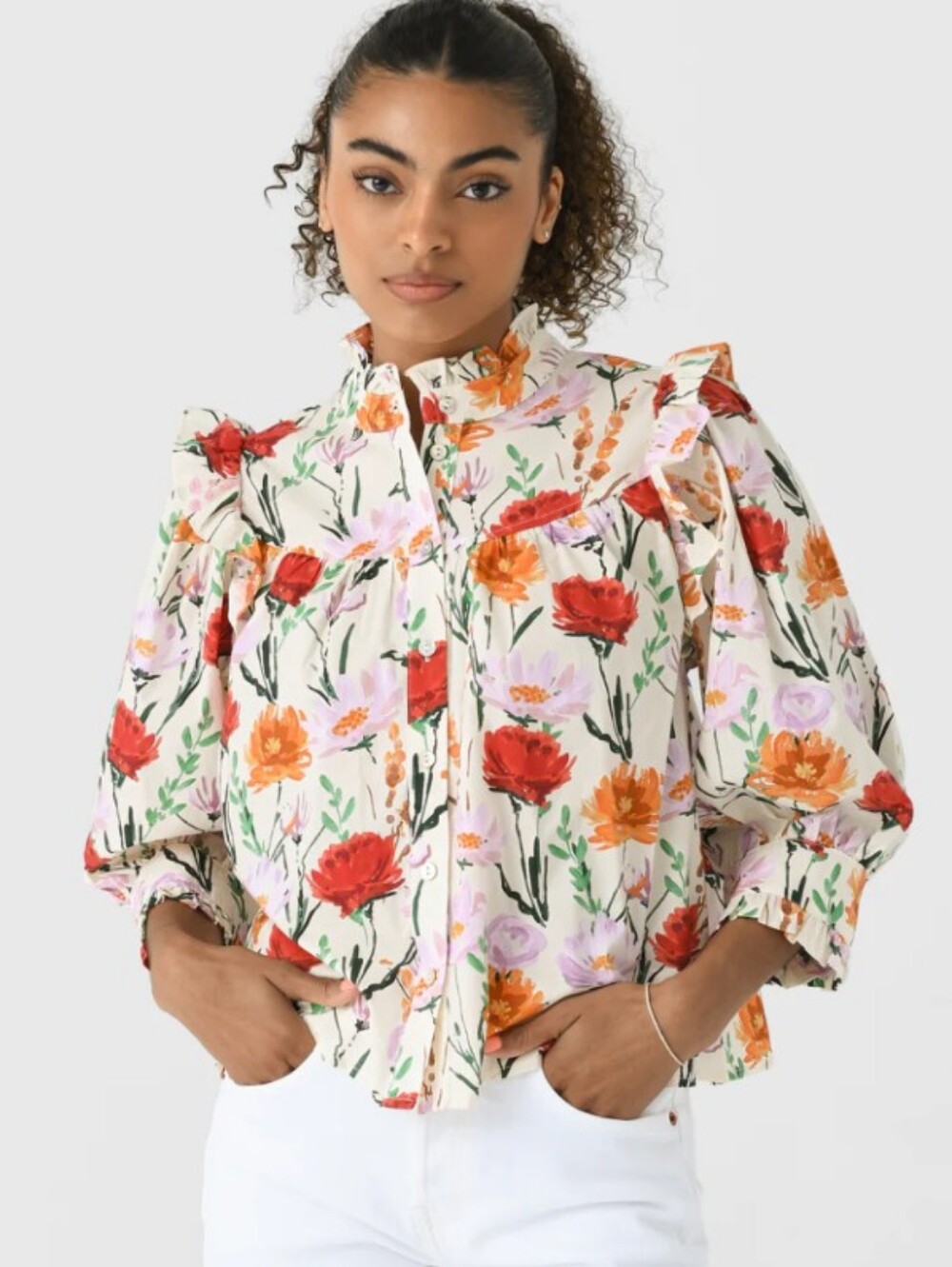 Pinch Floral Blouse Button Front Ruffle Top 100% Cotton Large